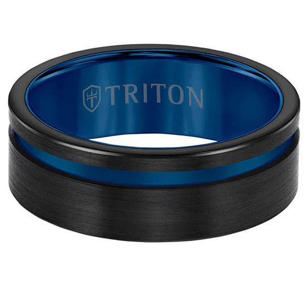 Triton 8mm Black Tungsten Carbide Blue Line Ring With Offset Channel
