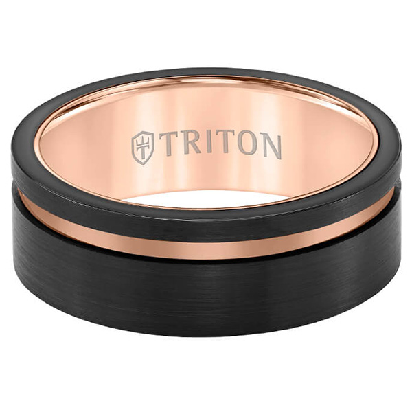 Triton 8mm Black Tungsten Carbide Ring With Rose Offset Channel