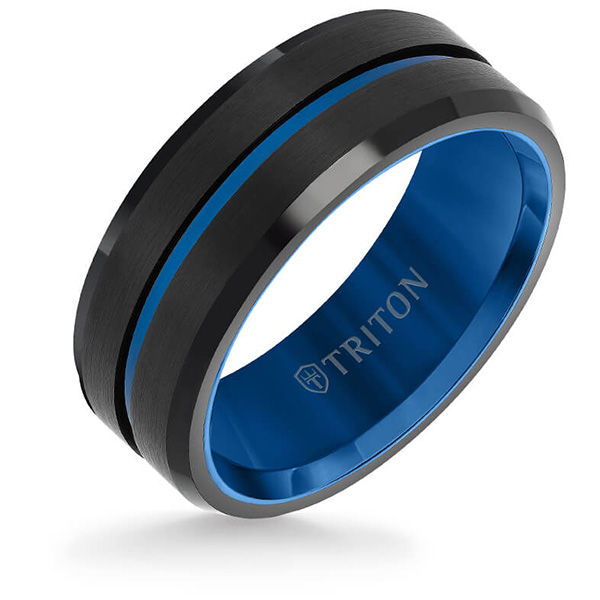 Triton 8mm Black Tungsten Carbide Blue Line Ring With Satin Finish