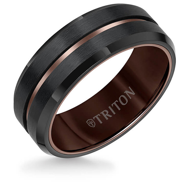Triton 8mm Black Tungsten Carbide Ring With Espresso Center Line and Satin Finish