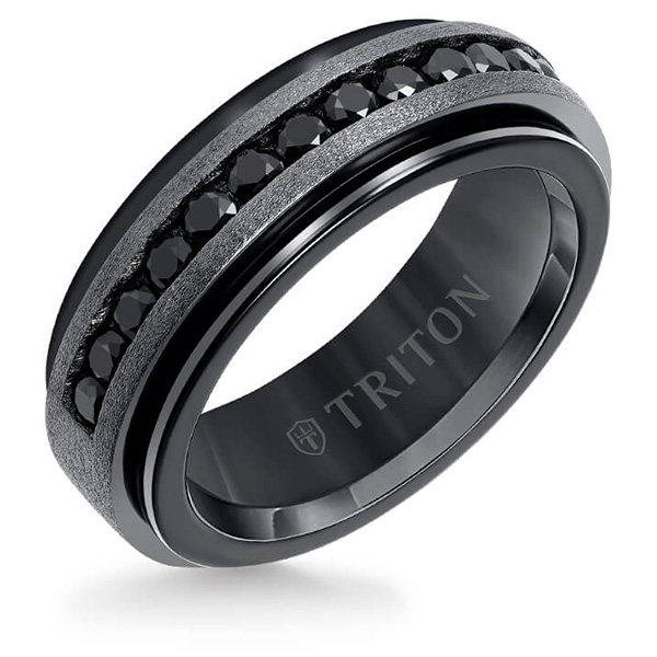 Triton 8mm Black Tungsten Ring With Black Sapphires