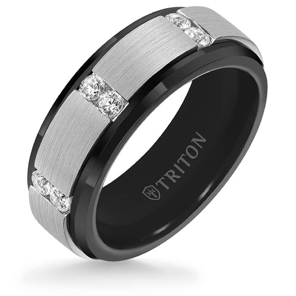 Triton 8mm Black Tungsten Ring Silver Inlay With Diamonds
