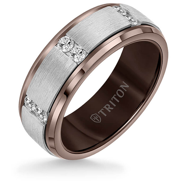 Triton 8mm Espresso Tungsten Ring Silver Inlay With Diamonds