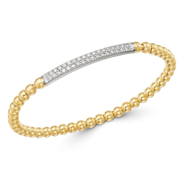 14k Yellow Gold .50 ct tw Diamond Two Row Bar Stretch Bead Bracelet