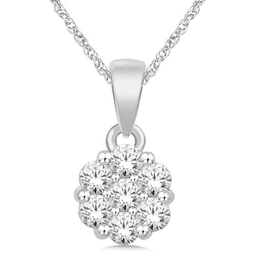 14k White Gold 1/2 ct tw Diamond Flower Cluster Pendant and 18in Chain