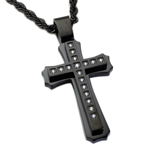 Black-plated Stainless Steel 2in CZ Cross on 24in Rope Chain
