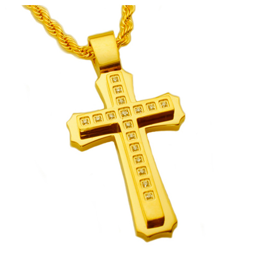 Gold-plated Stainless Steel 2in CZ Cross on 24in Rope Chain