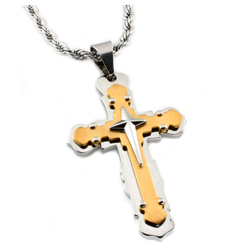 Gold-plated Stainless Steel 2 1/2in Cross Pendant with 24in Rope Chain