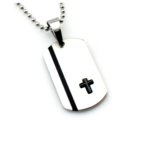 Stainless Steel 1 3/8in Black Cross Dog Tag with 24in Bead Chain