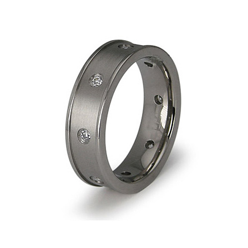 Titanium 8mm Brushed Ring with CZs and Raised Edges