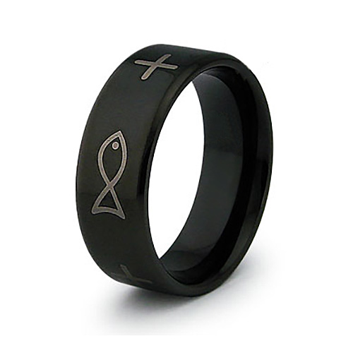 Black Stainless Steel 8mm Ring with Ichthus Design