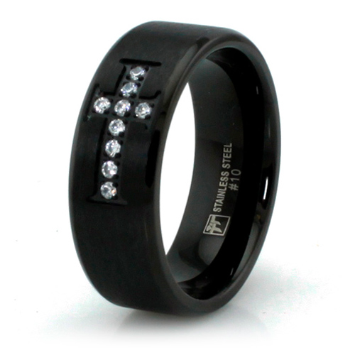 Black Stainless Steel 8mm Ring with Cubic Zirconia Cross