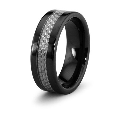 Black Ceramic 8mm Flat Ring with Carbon Fiber Inlay