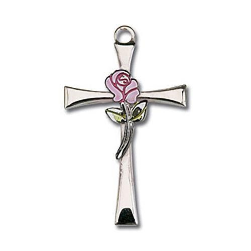 Sterling Silver 3/4in Painted Rose Cross 18in Necklace