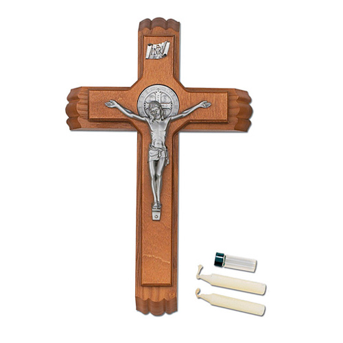 13in Walnut St. Benedict Wall Crucifix Sick Call Set