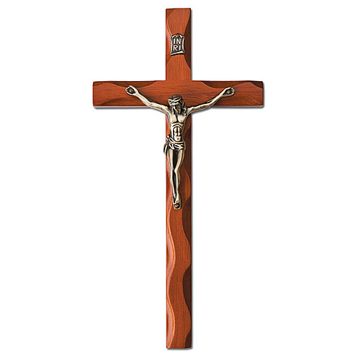 Carved Walnut Wood 10in Wavy Wall Crucifix