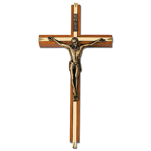 8in Stained Walnut Wall Crucifix with Gold Plated Inlay