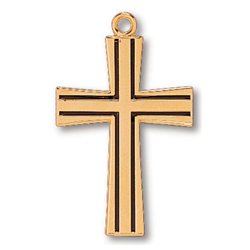 Gold Plated 1 1/8in Striped Cross on 24in Necklace