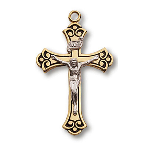 18kt Gold Plated 1in Fleur de Lis Crucifix 18in Necklace