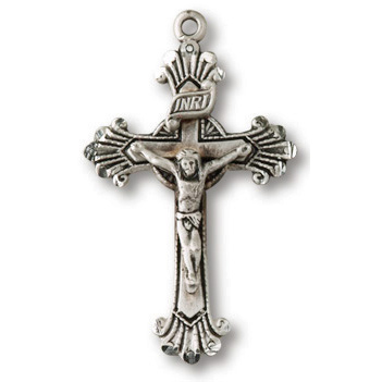 Sterling Silver 1in Floral Tip Crucifix 18in Necklace