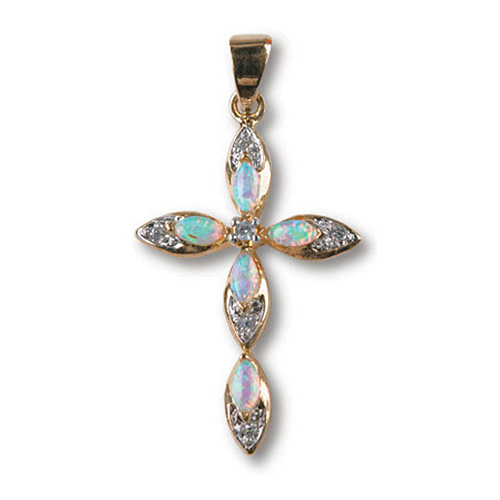 18kt Yellow Gold Plated 1in Opal and CZ Cross 18in Necklace