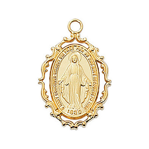 18kt Gold Plated 7/8in Ornate Frame Miraculous Medal 18in Necklace