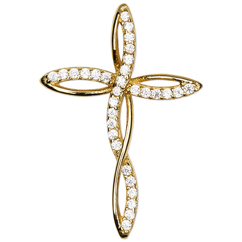 Gold-plated Sterling Silver 1in CZ Curved Cross Pendant on 18in Chain