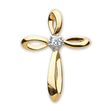 Gold-plated Sterling Silver 15/16in CZ Ribbon Cross with 18in Chain