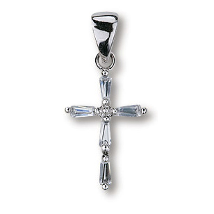 Sterling Silver 9/16in Baguette CZ Cross 18in Necklace