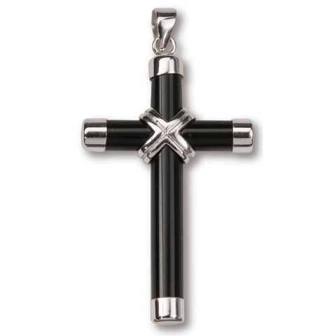 Sterling Silver 1 1/4in Onyx Cross 24in Necklace