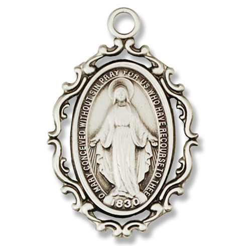Sterling Silver 7/8in Filigree Miraculous Medal 18in Necklace