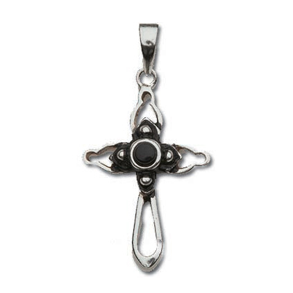 Sterling Silver 7/8in Onyx Center Cross 18in Necklace