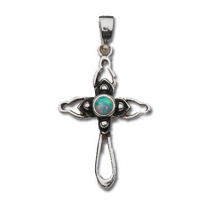 Sterling Silver 7/8in Opal Center Cross 18in Necklace