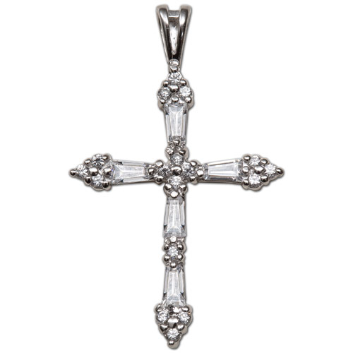 Sterling Silver 1in Baguette Cubic Zirconia Cross on 18in Chain