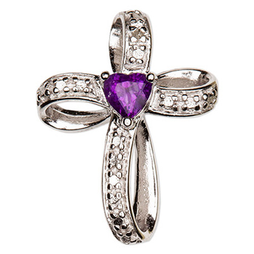 Sterling Silver 3/4in Heart Amethyst Cross Pendant with 18in Chain