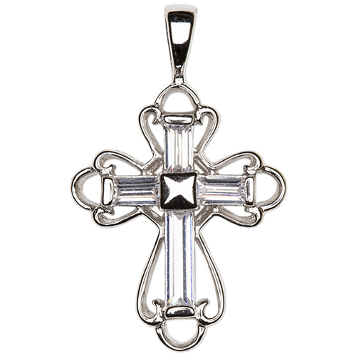 Sterling Silver 3/4in CZ Baguette Cross Pendant with 18in Chain