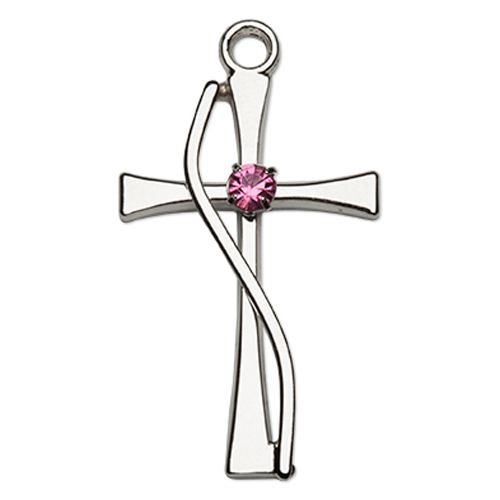 Sterling Silver 3/4in Rose Crystal Cross Pendant with 18in Chain