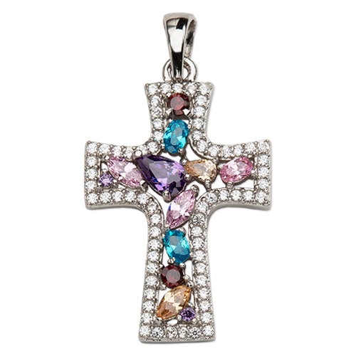 Sterling Silver 15/16in Multi-colored CZ Cross Pendant with 18in Chain
