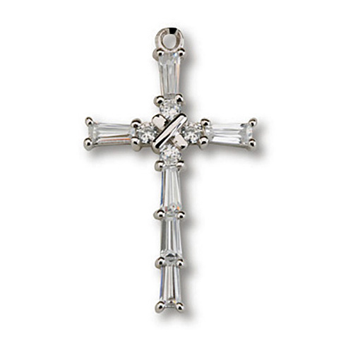 Sterling Silver 1in Baguette CZ Rope Cross 18in Necklace