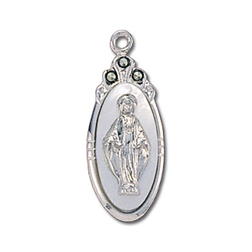 Sterling Silver Miraculous Medal Imitation Mother of Pearl Necklace