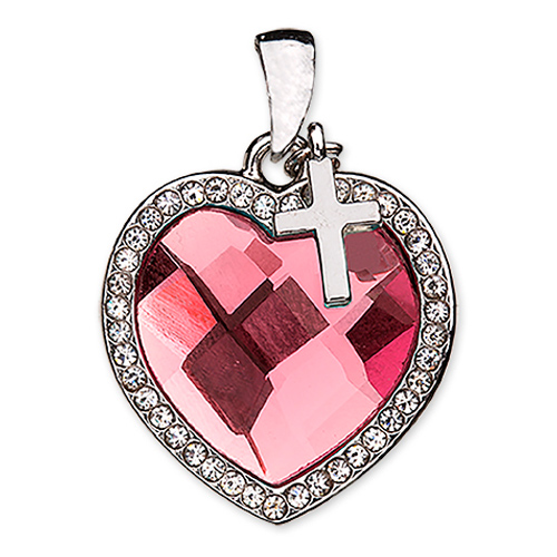 Pink Crystal Heart Pendant with Cross Necklace 3/4in Sterling Silver