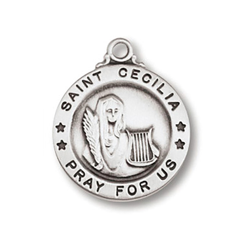 Sterling Silver 5/8in Saint Cecilia Medal 18in Necklace