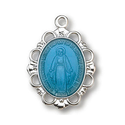 Sterling Silver 5/8in Filigree Blue Miraculous Medal 18in Necklace