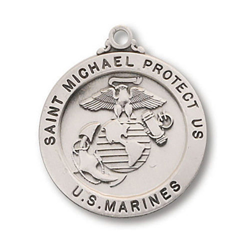 Sterling Silver 7/8in Saint Michael Marines Medal with 24in Chain