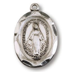 Sterling Silver 11/16in Scalloped Miraculous Medal 18in Necklace