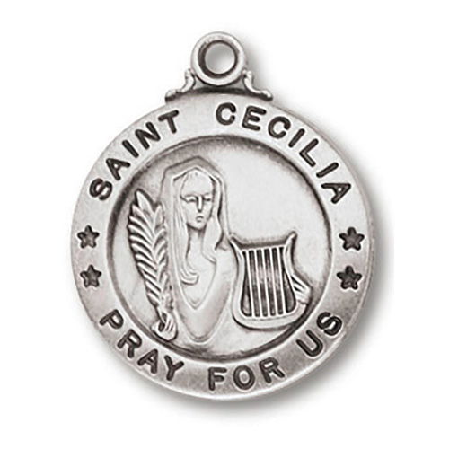 Sterling Silver 3/4in Saint Cecilia Medal 18in Necklace