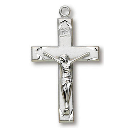 Sterling Silver 1in Scalloped Crucifix 24in Necklace
