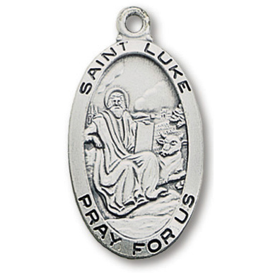 Sterling Silver 1in Oval Saint Luke Medal 24in Necklace