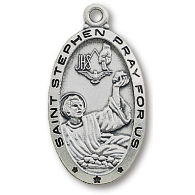 Sterling Silver 1in Oval Saint Stephen Medal 24in Necklace