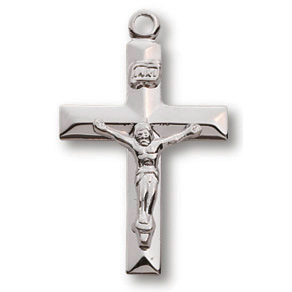 Sterling Silver 13/16in Beveled Crucifix 18in Necklace